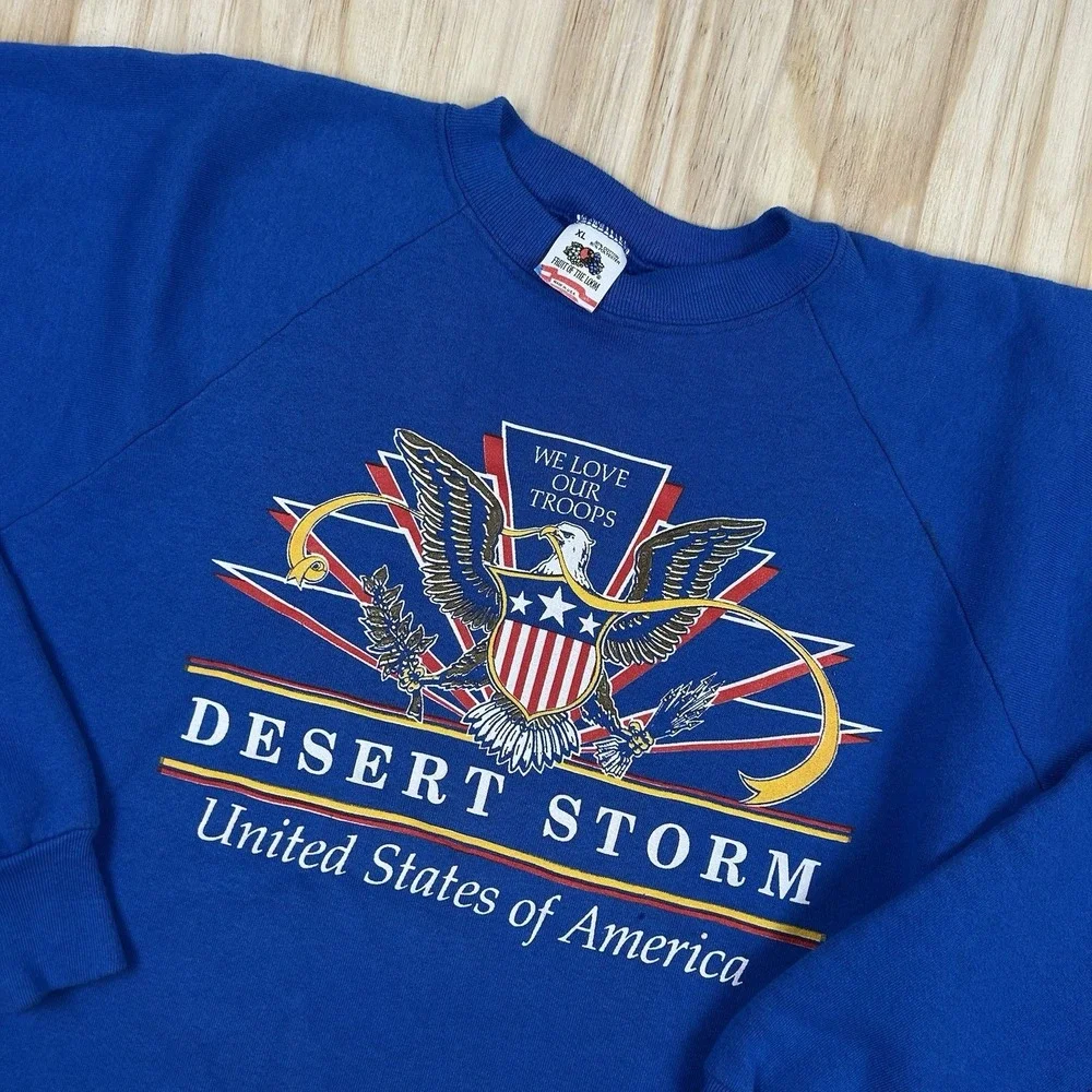 VTG Operation Desert Storm‎ Sweatshirt Mens FITS Large Blue Eagle Graphic Army